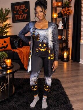 Halloween Jack-O'-Lantern Women's 3 Pc Set - Gray & Black (Large, Will Fit XL)